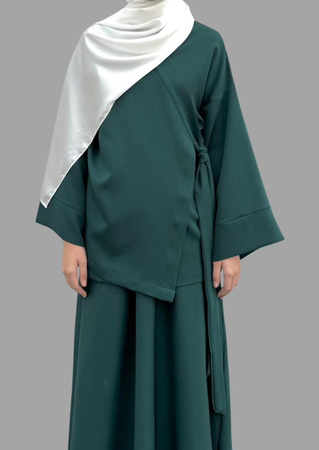 Two Piece Side Wrap Abaya In Dark Green