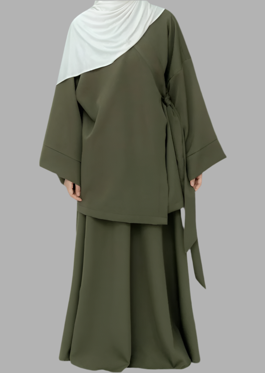 Two Piece Side Wrap Abaya In Army Green